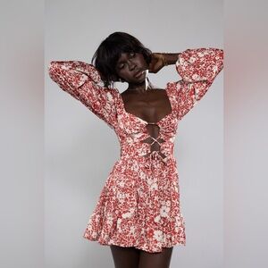 Resa Lyla Mini Dress Magnolia Floral Red White Long Sleeve NWT Size Small